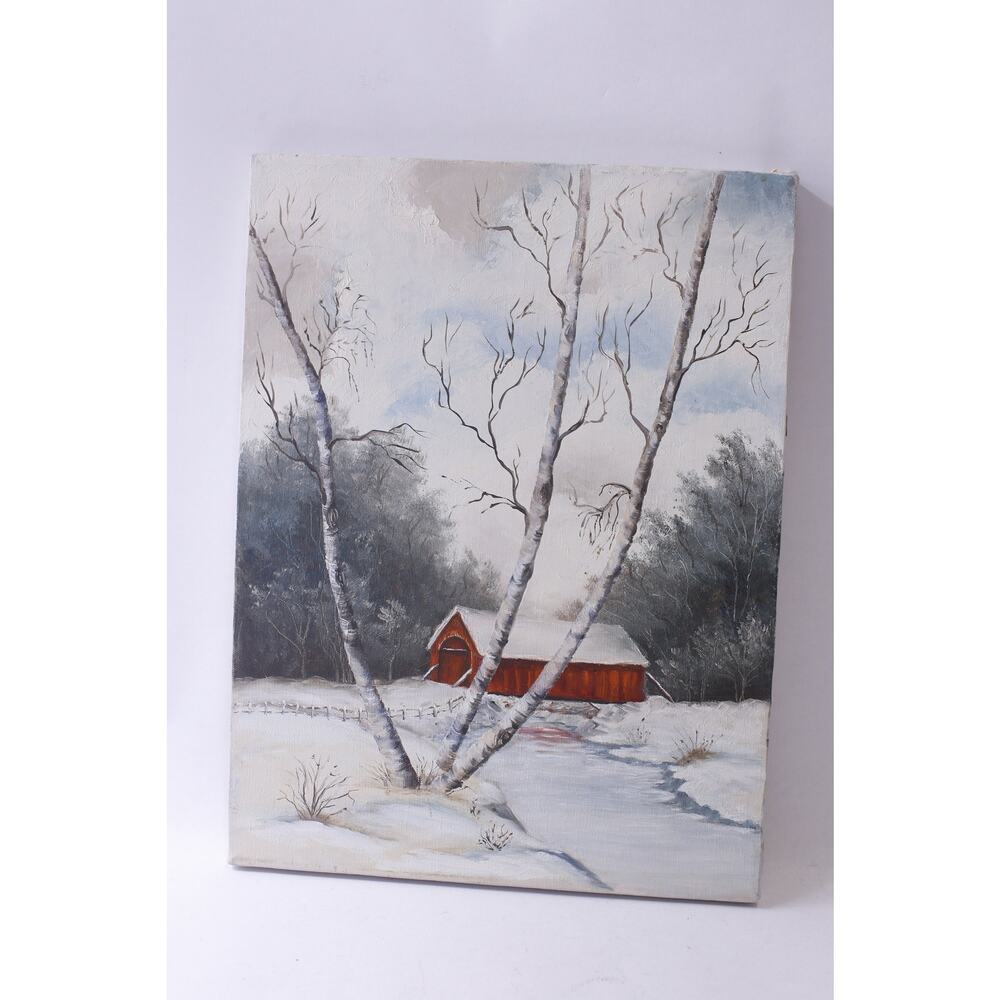 Winter Watermill Oil Painting, Red House, Landscape, 12 x 16 inches, Vertical,
